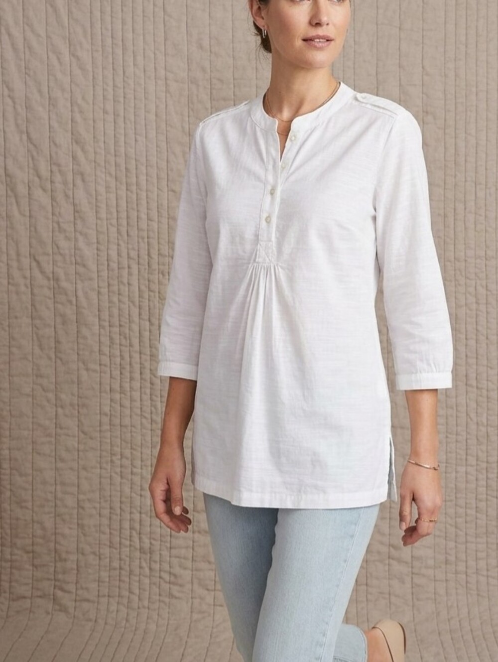 Womens White 100% Cotton Peasant Tunic Top Size L Coastal Resortwear